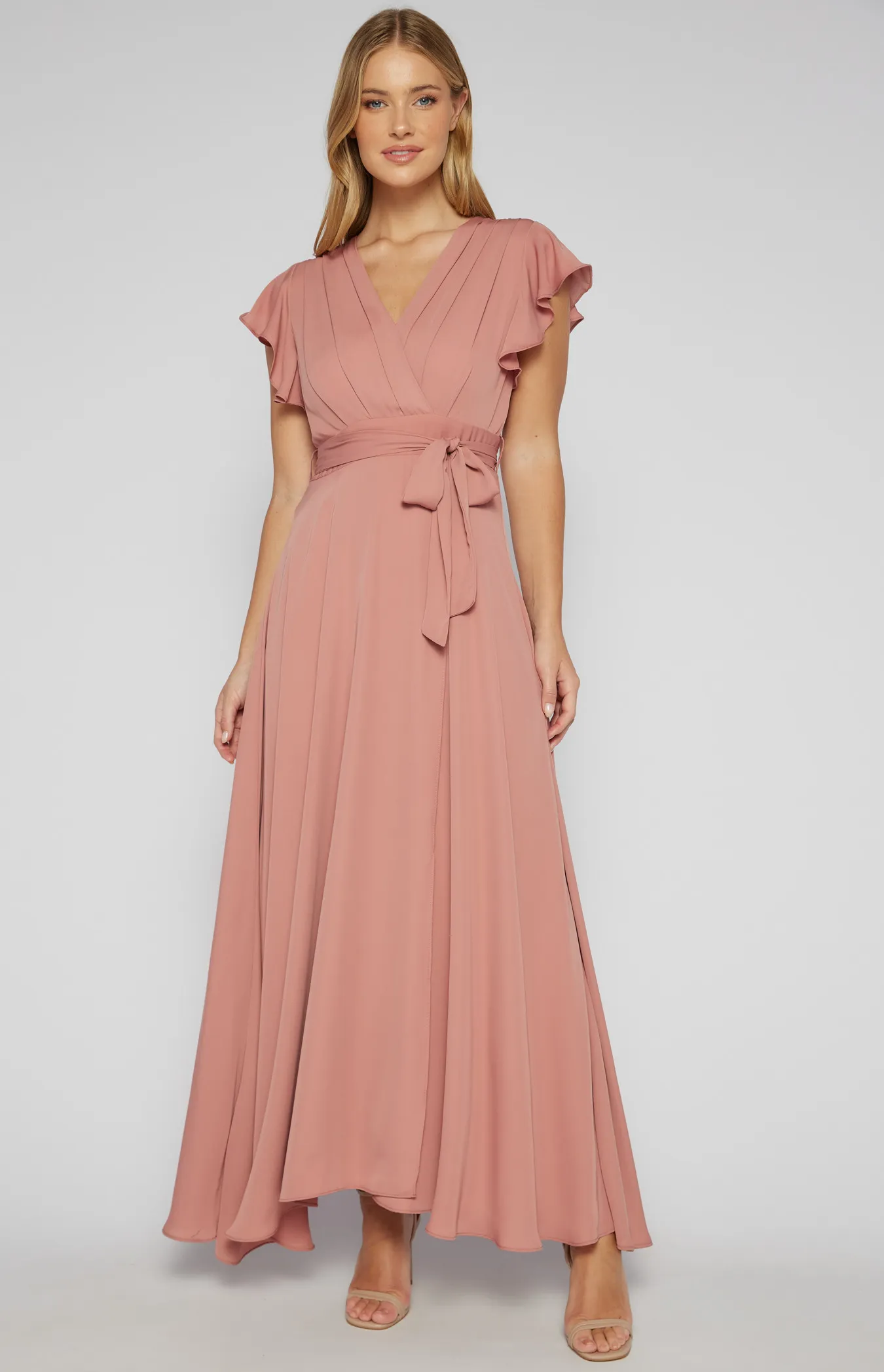 Pleated Front Butterfly Sleeve Maxi Dress (SDR581B)