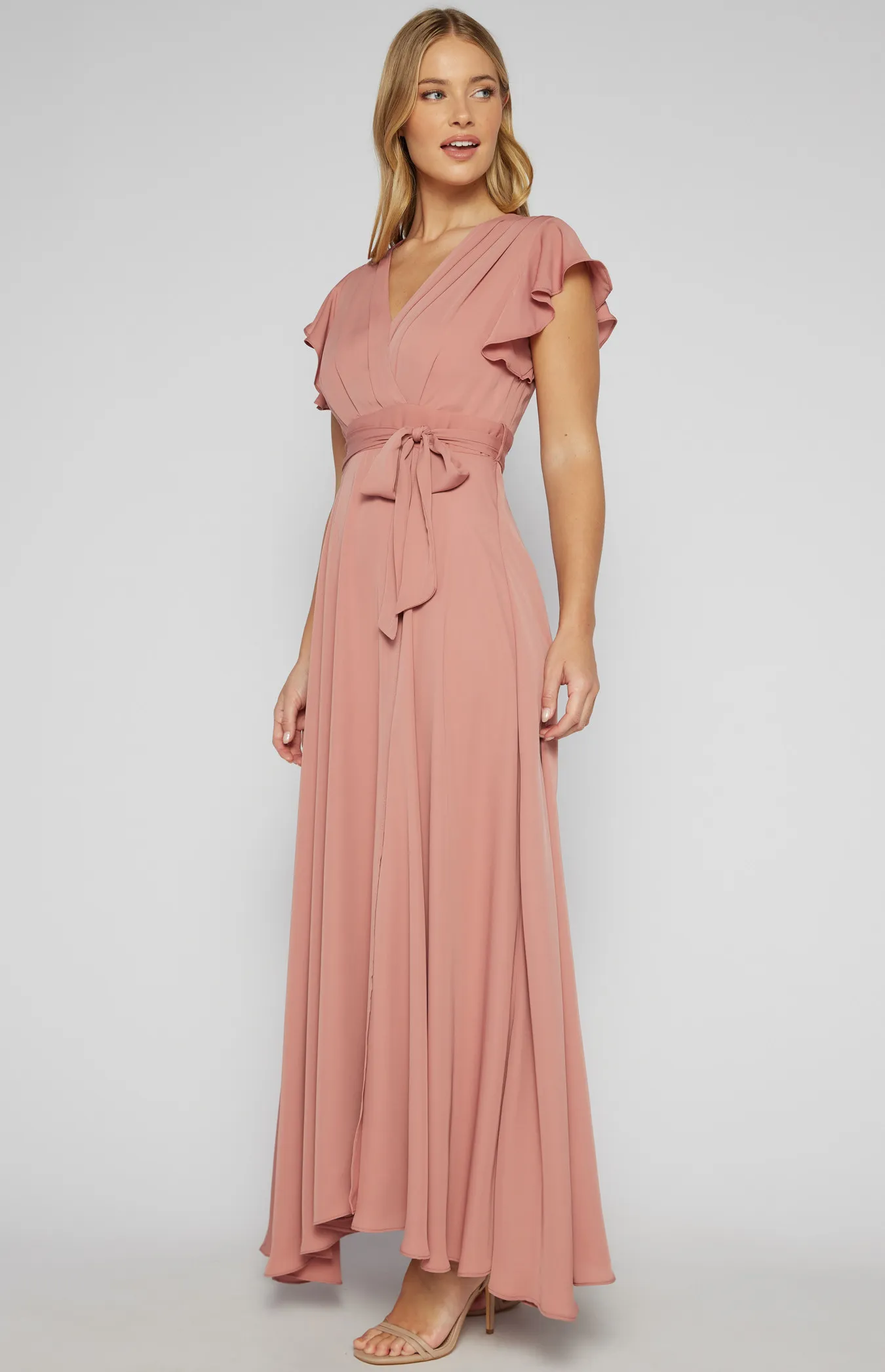 Pleated Front Butterfly Sleeve Maxi Dress (SDR581B)