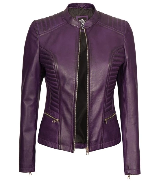 Rachel Purple Cafe Racer Slim Fit Leather Jacket Women's