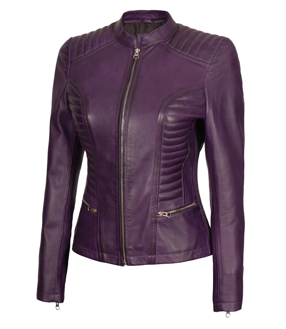 Rachel Purple Cafe Racer Slim Fit Leather Jacket Women's