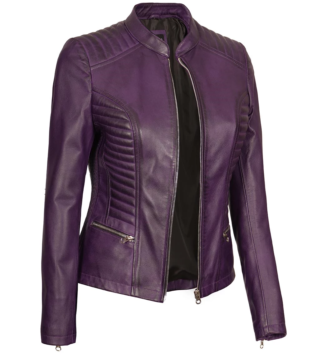 Rachel Purple Cafe Racer Slim Fit Leather Jacket Women's