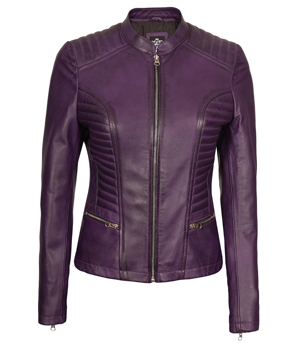 Rachel Purple Cafe Racer Slim Fit Leather Jacket Women's