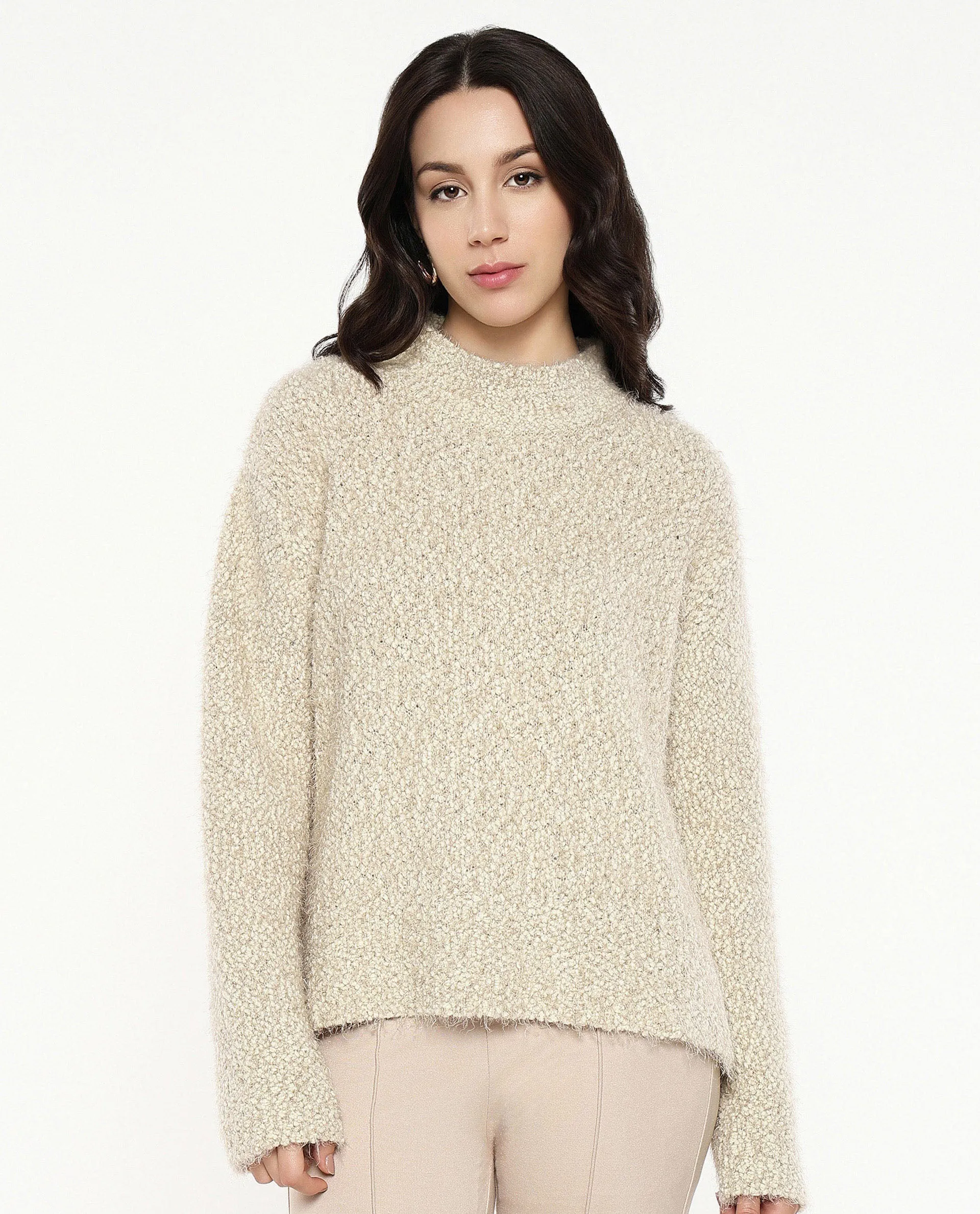 Rareism Women Danicata Beige Polyester Nylon Fabric Oversized Fit Plain Sweater