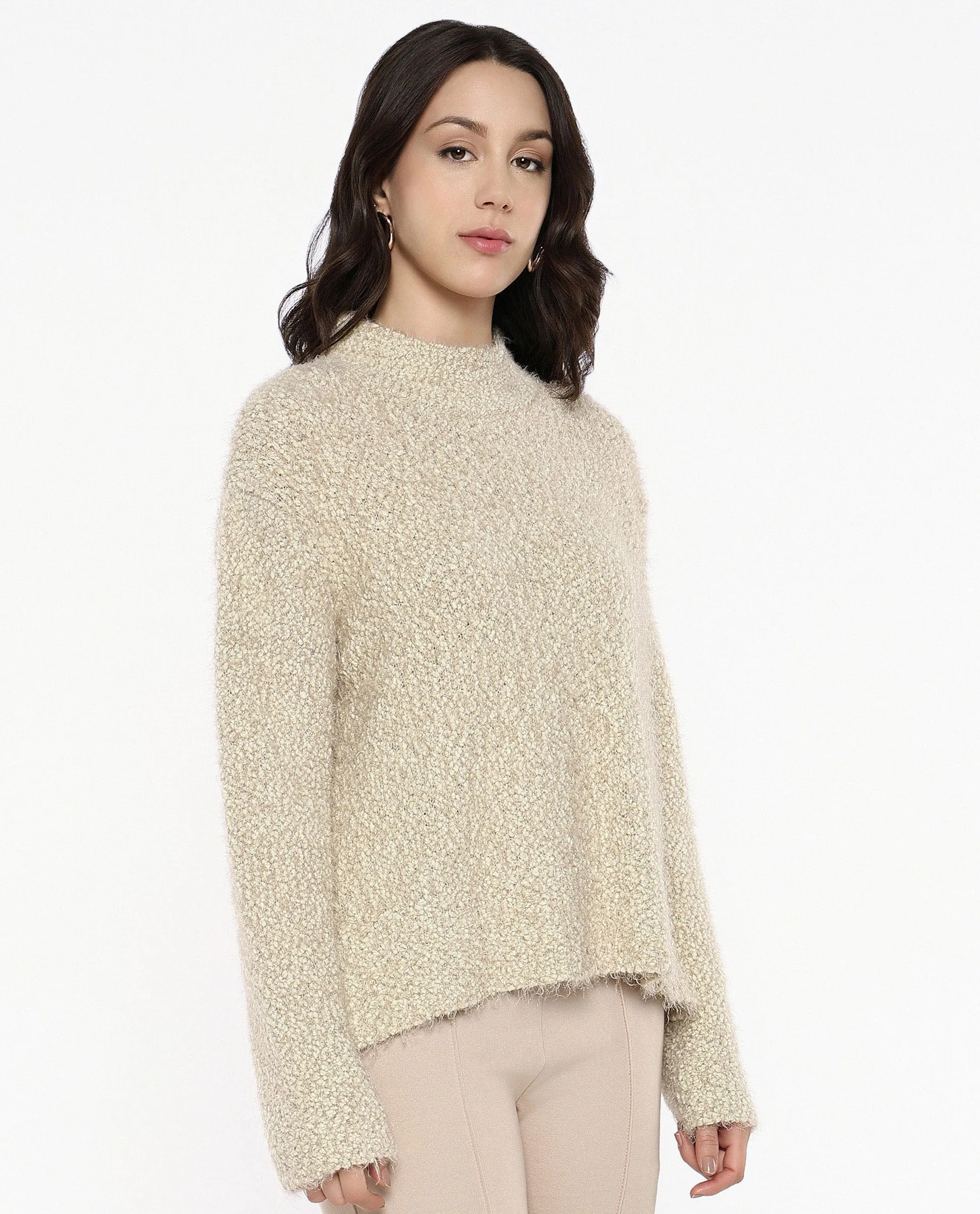 Rareism Women Danicata Beige Polyester Nylon Fabric Oversized Fit Plain Sweater