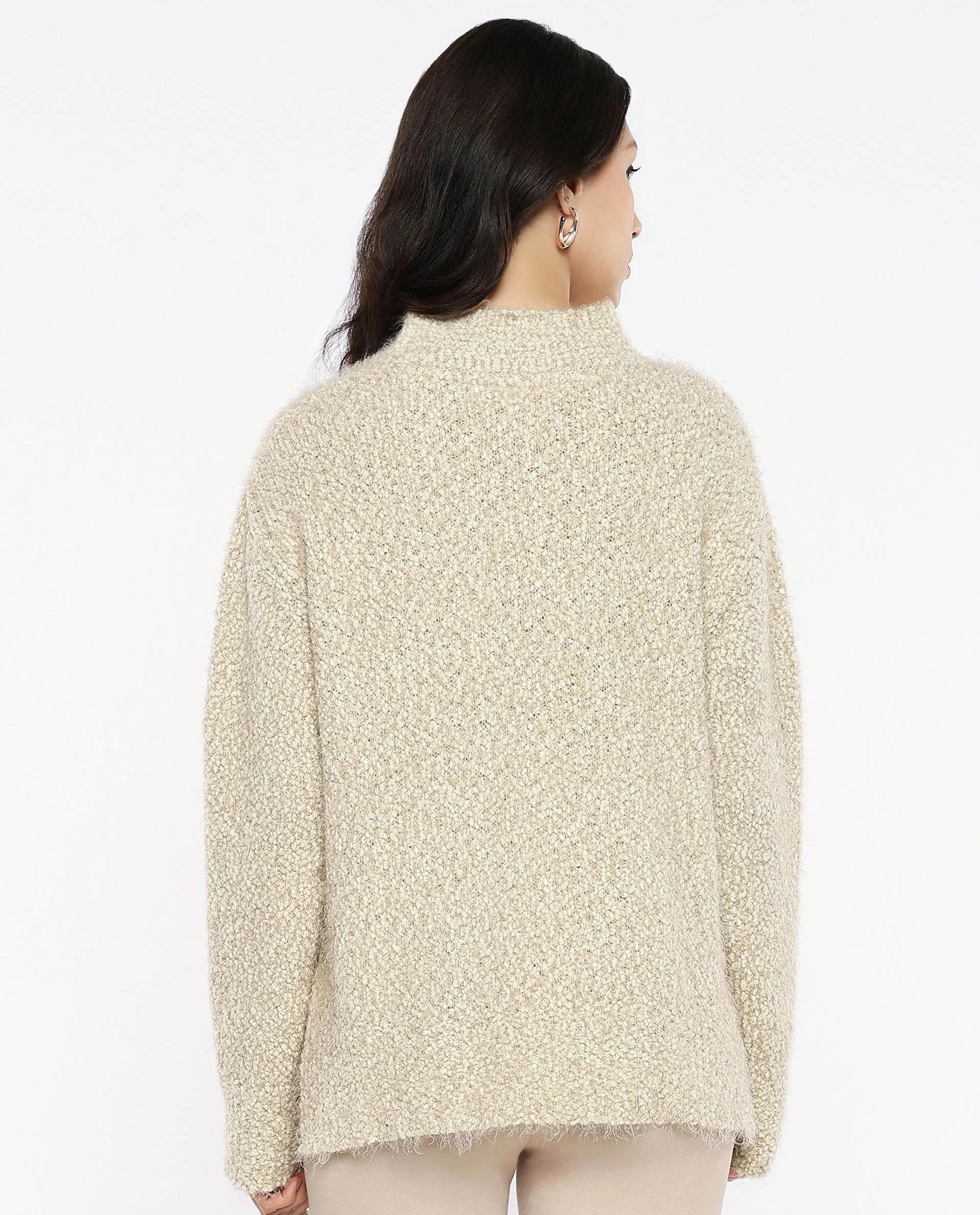 Rareism Women Danicata Beige Polyester Nylon Fabric Oversized Fit Plain Sweater