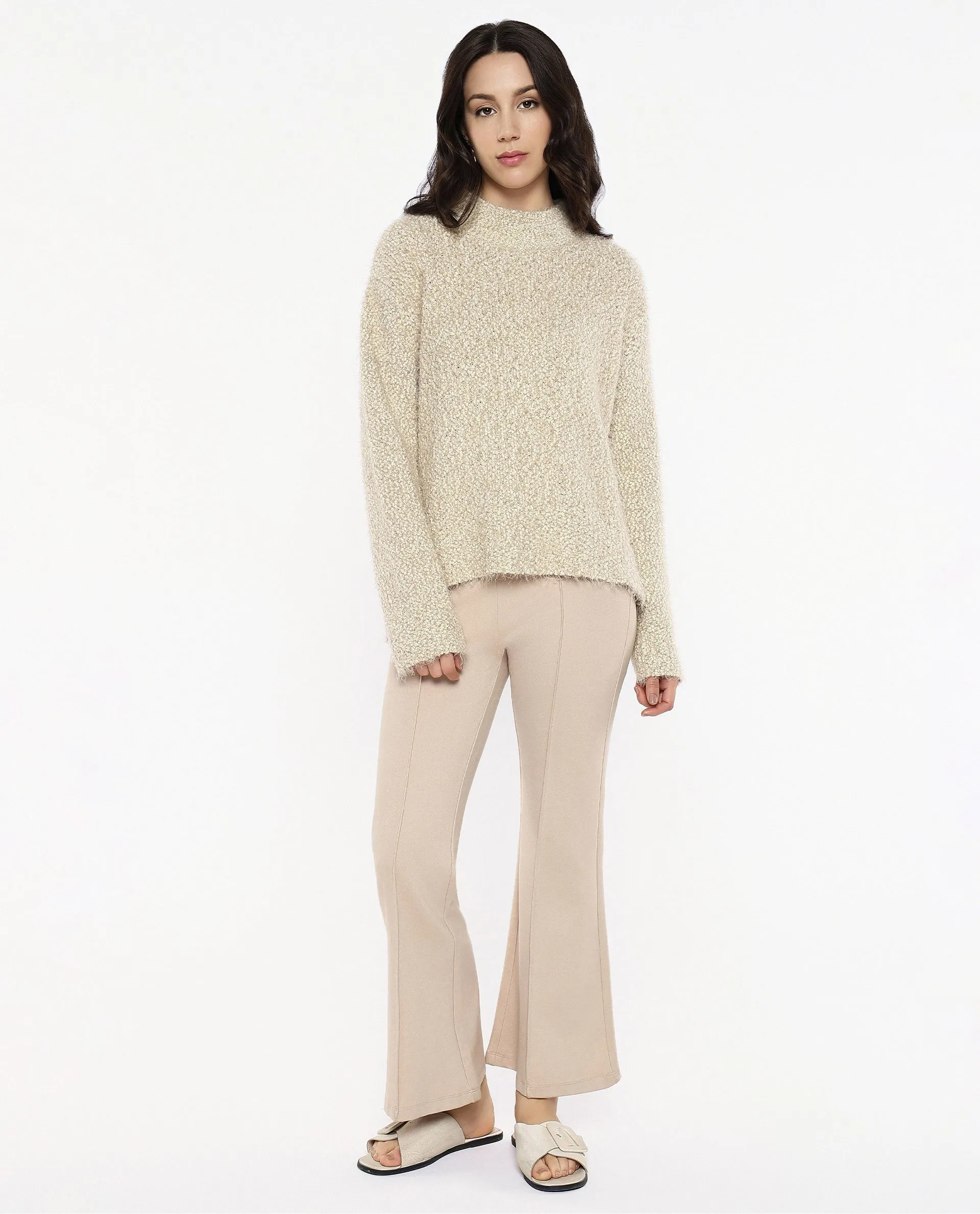 Rareism Women Danicata Beige Polyester Nylon Fabric Oversized Fit Plain Sweater