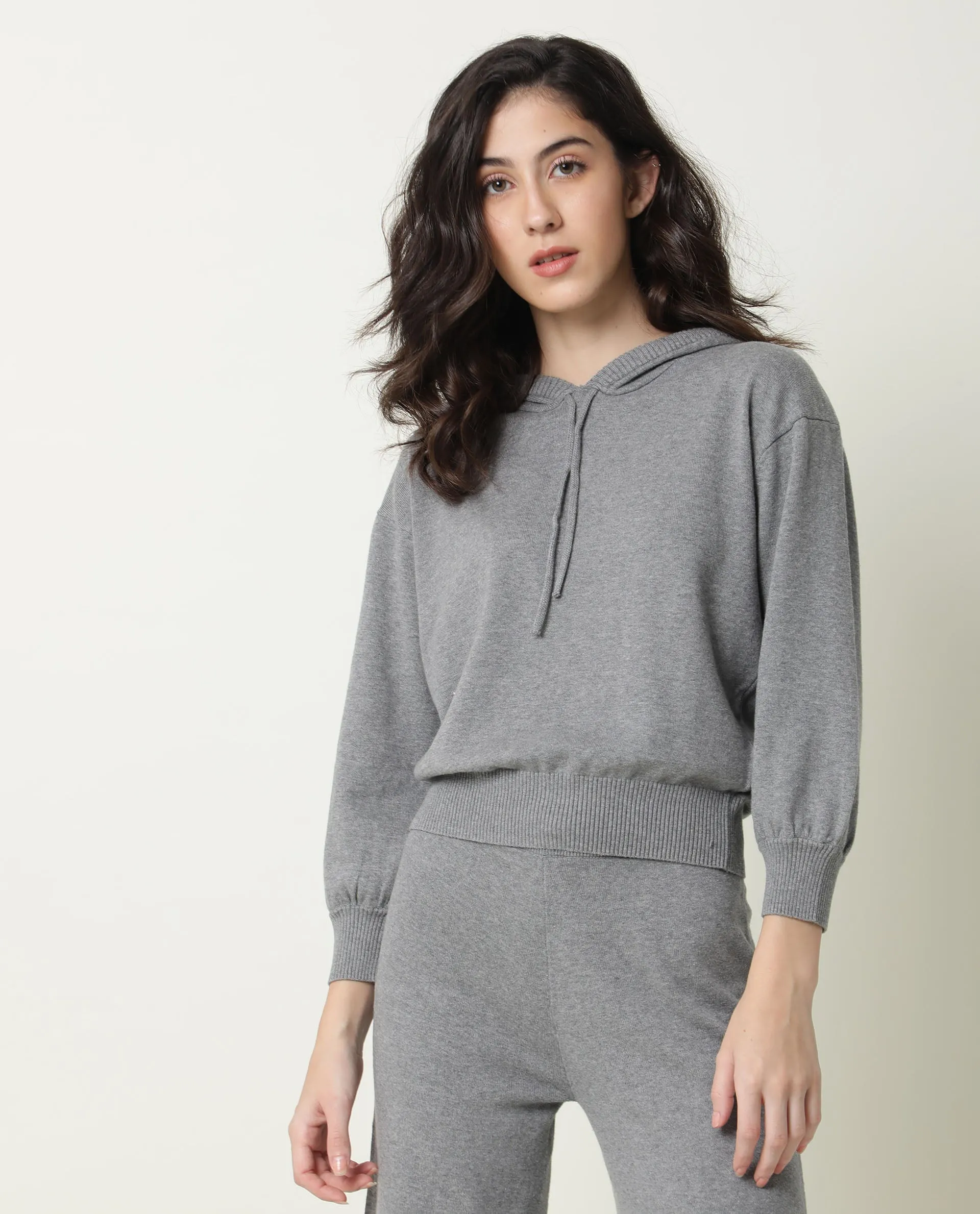 Rareism Women Finn Sweat Melange Grey Cotton Fabric Full Sleeves Relaxed Fit Solid Hooded Sweater