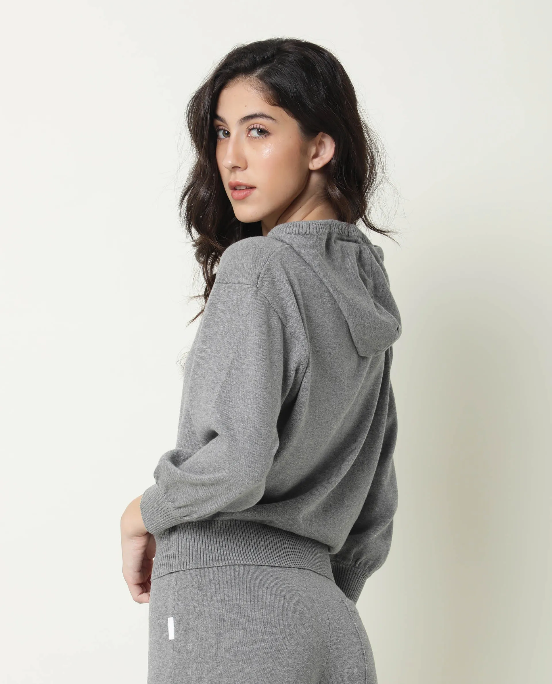 Rareism Women Finn Sweat Melange Grey Cotton Fabric Full Sleeves Relaxed Fit Solid Hooded Sweater