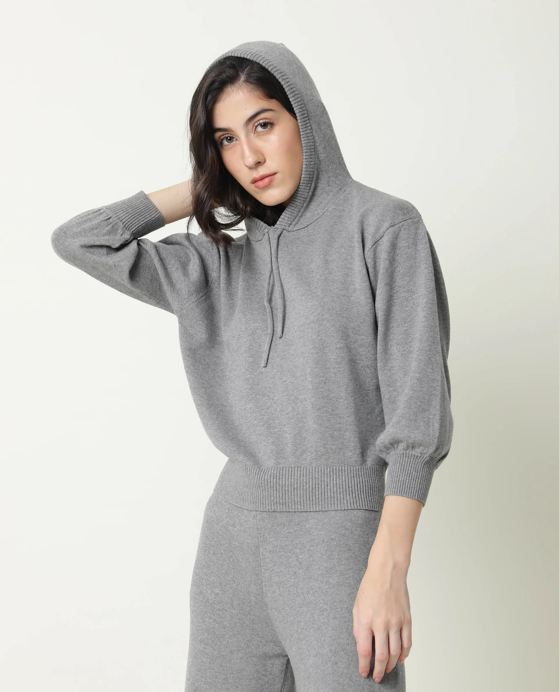 Rareism Women Finn Sweat Melange Grey Cotton Fabric Full Sleeves Relaxed Fit Solid Hooded Sweater