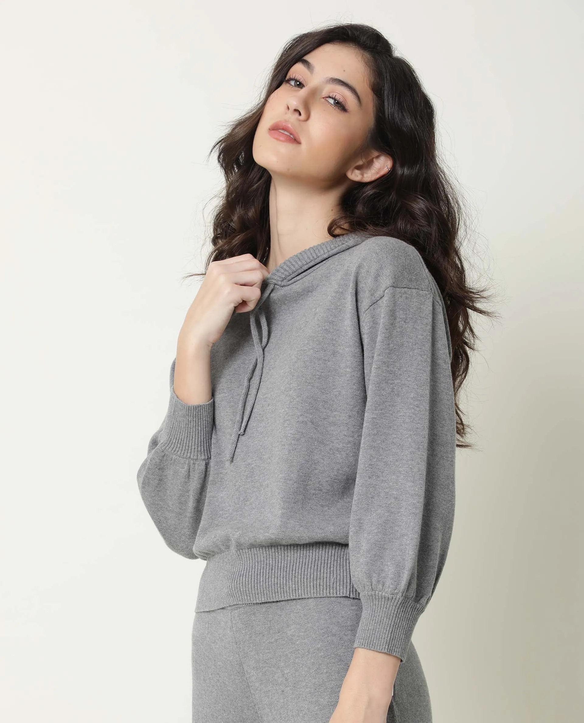 Rareism Women Finn Sweat Melange Grey Cotton Fabric Full Sleeves Relaxed Fit Solid Hooded Sweater