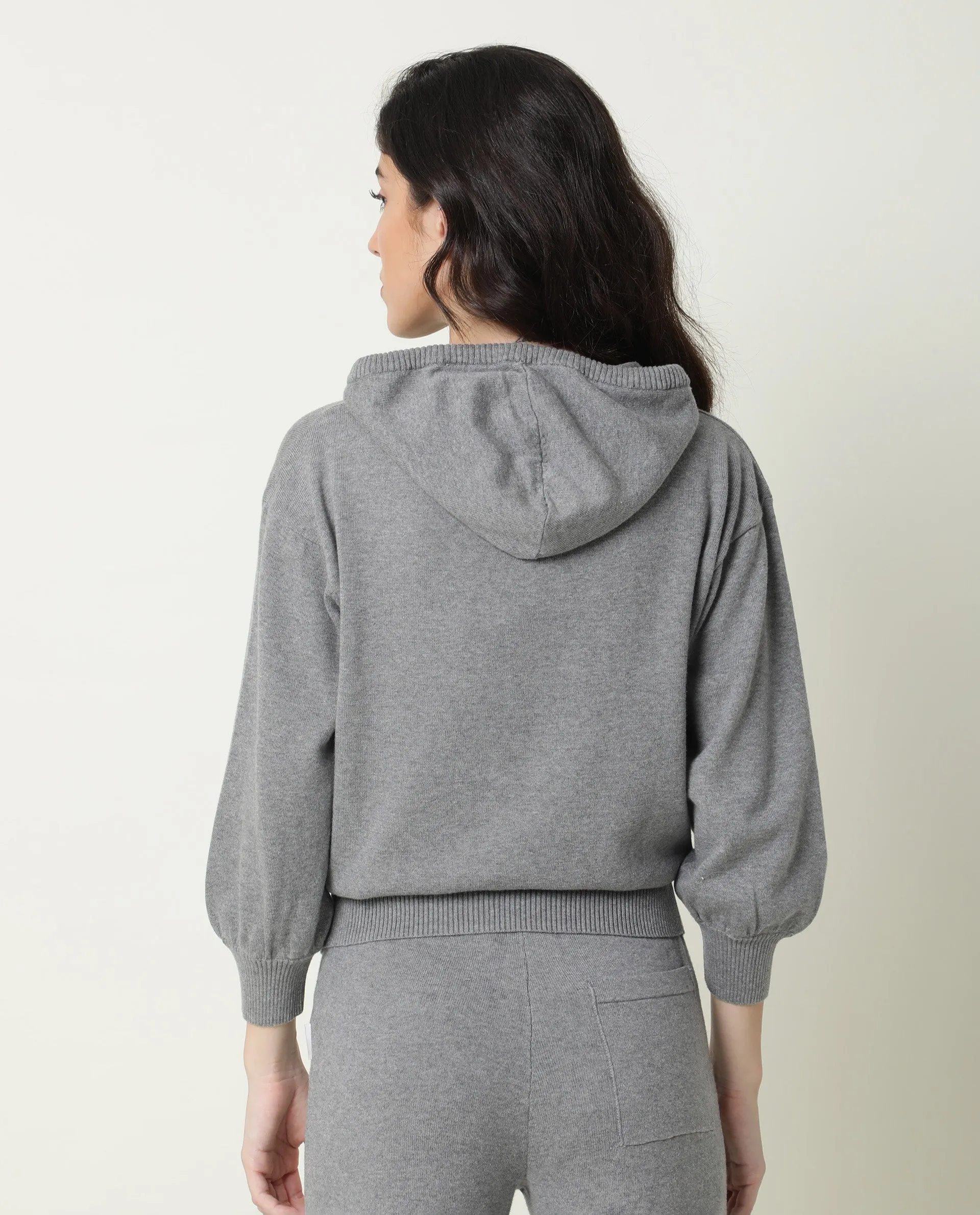 Rareism Women Finn Sweat Melange Grey Cotton Fabric Full Sleeves Relaxed Fit Solid Hooded Sweater