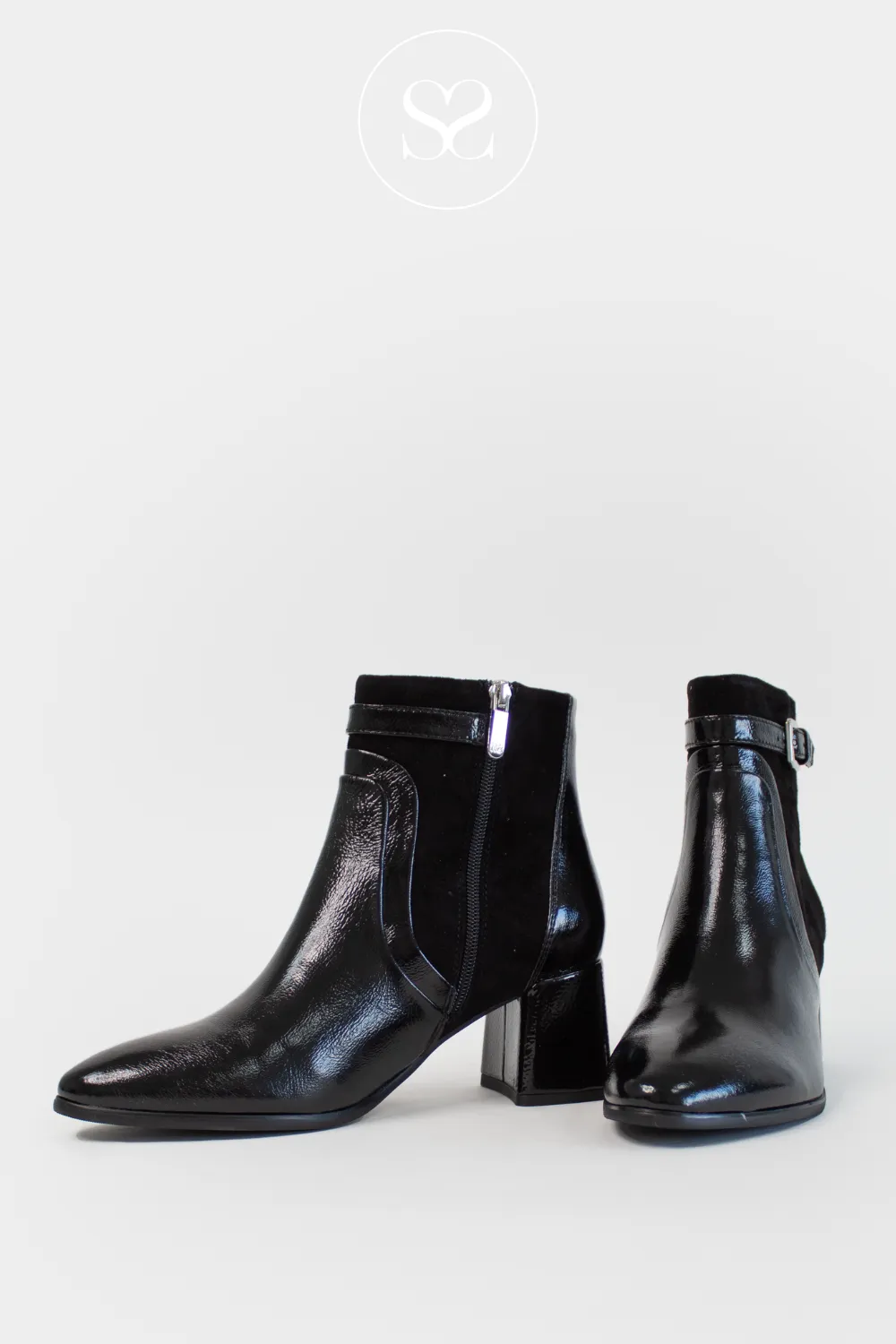 REGARDE LE CIEL MILLIE-05 BLACK LEATHER/SUEDE BLOCK HEEL ANKLE BOOTS