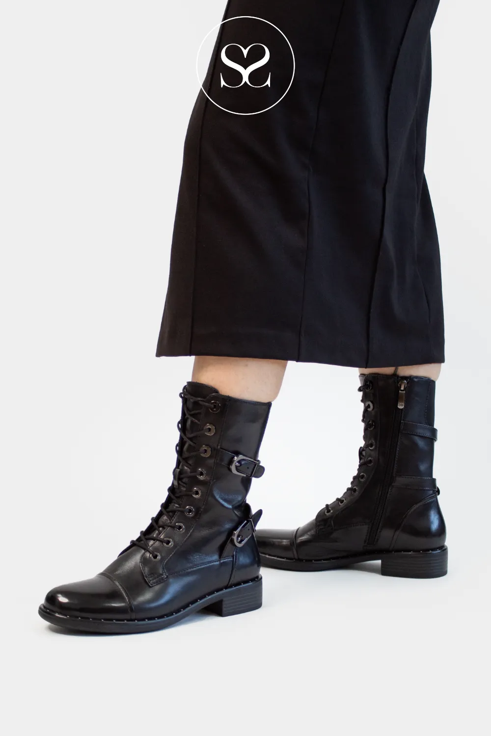 REGARDE LE CIEL ROXANA-45 BLACK LEATHER MILITARY BOOTS