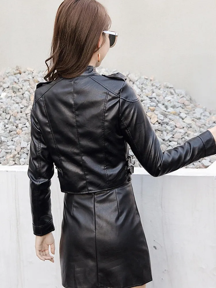 Rivet Synthetic Leather Moto Biker Short Zipper Jacket for Women