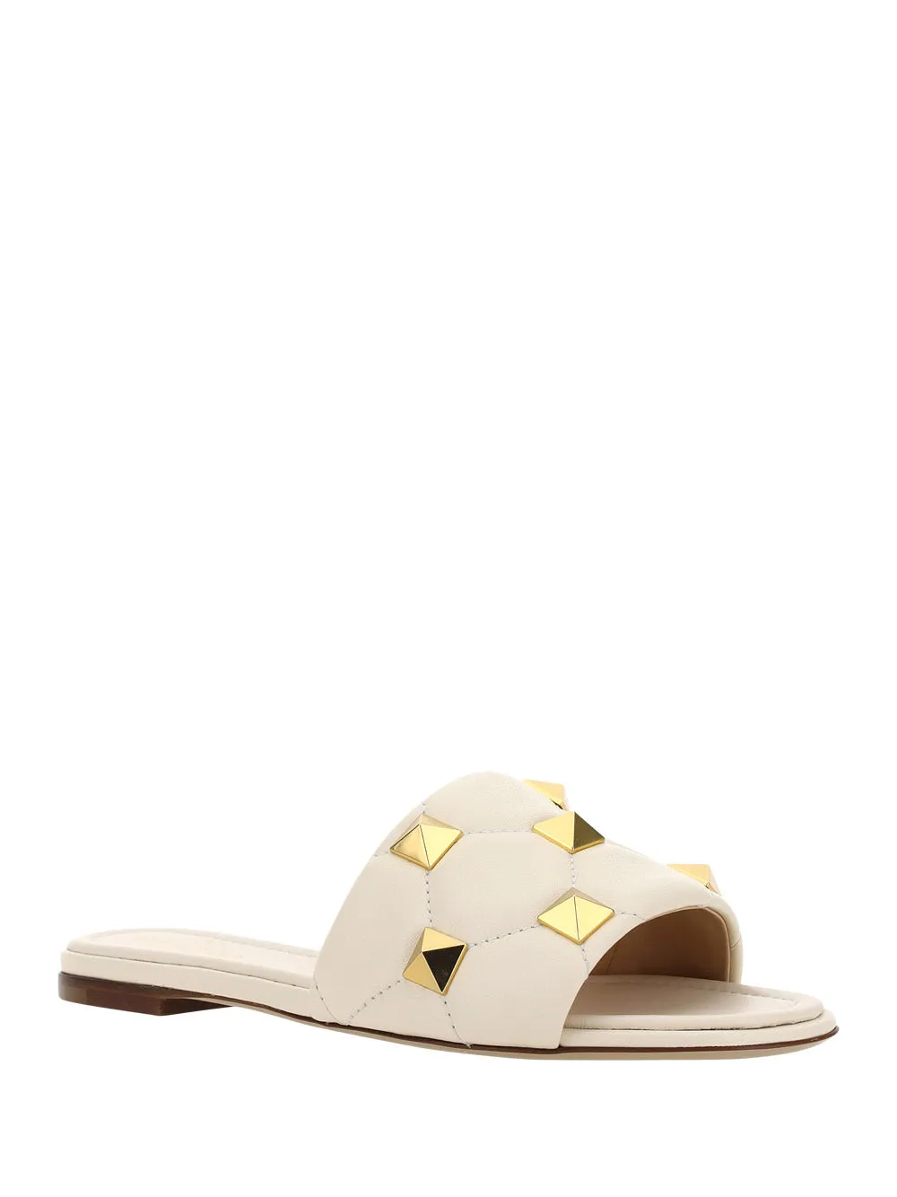 Roman Stud Flat Slide Sandal in Quilted Nappa - Light Ivory