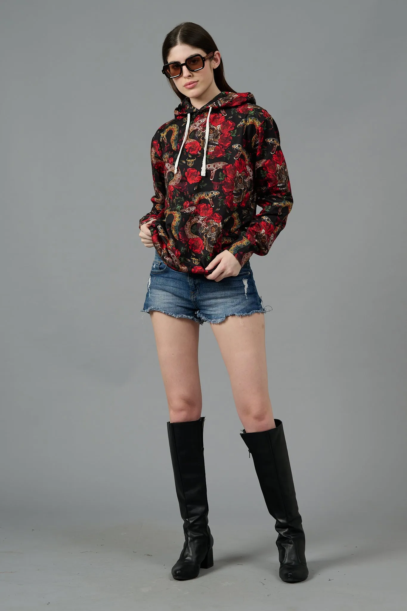 Rose with Snake Printed Hoodie for Women