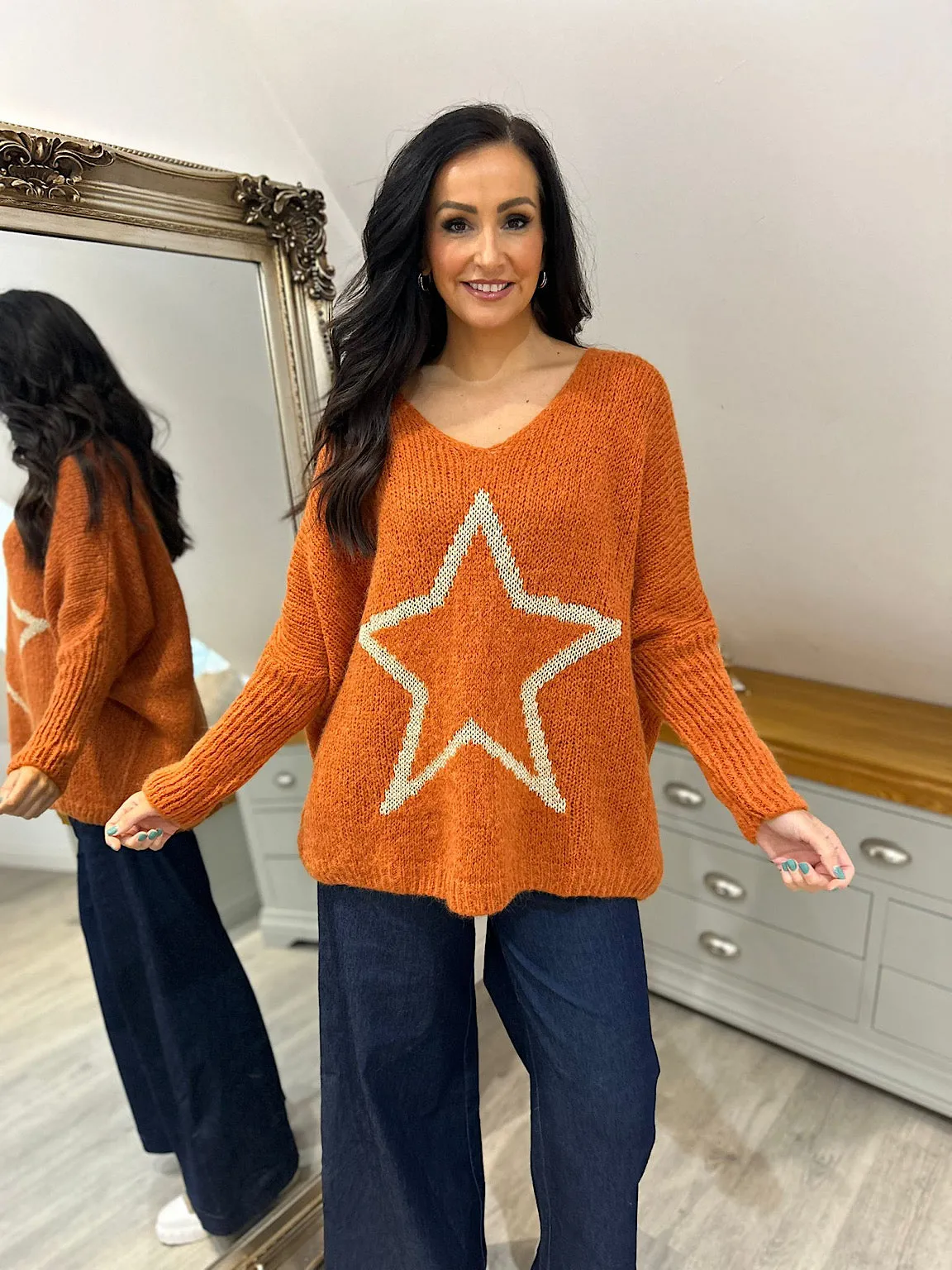 Rust V Neck Shimmer Star Knit Fiona