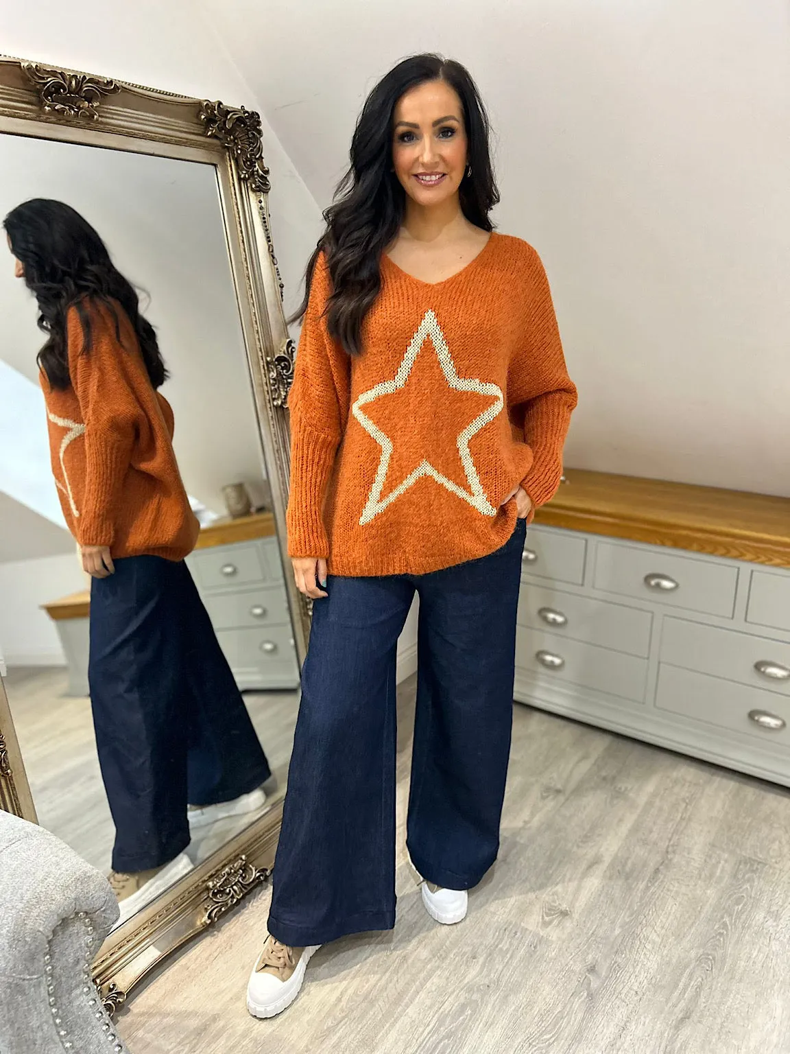 Rust V Neck Shimmer Star Knit Fiona