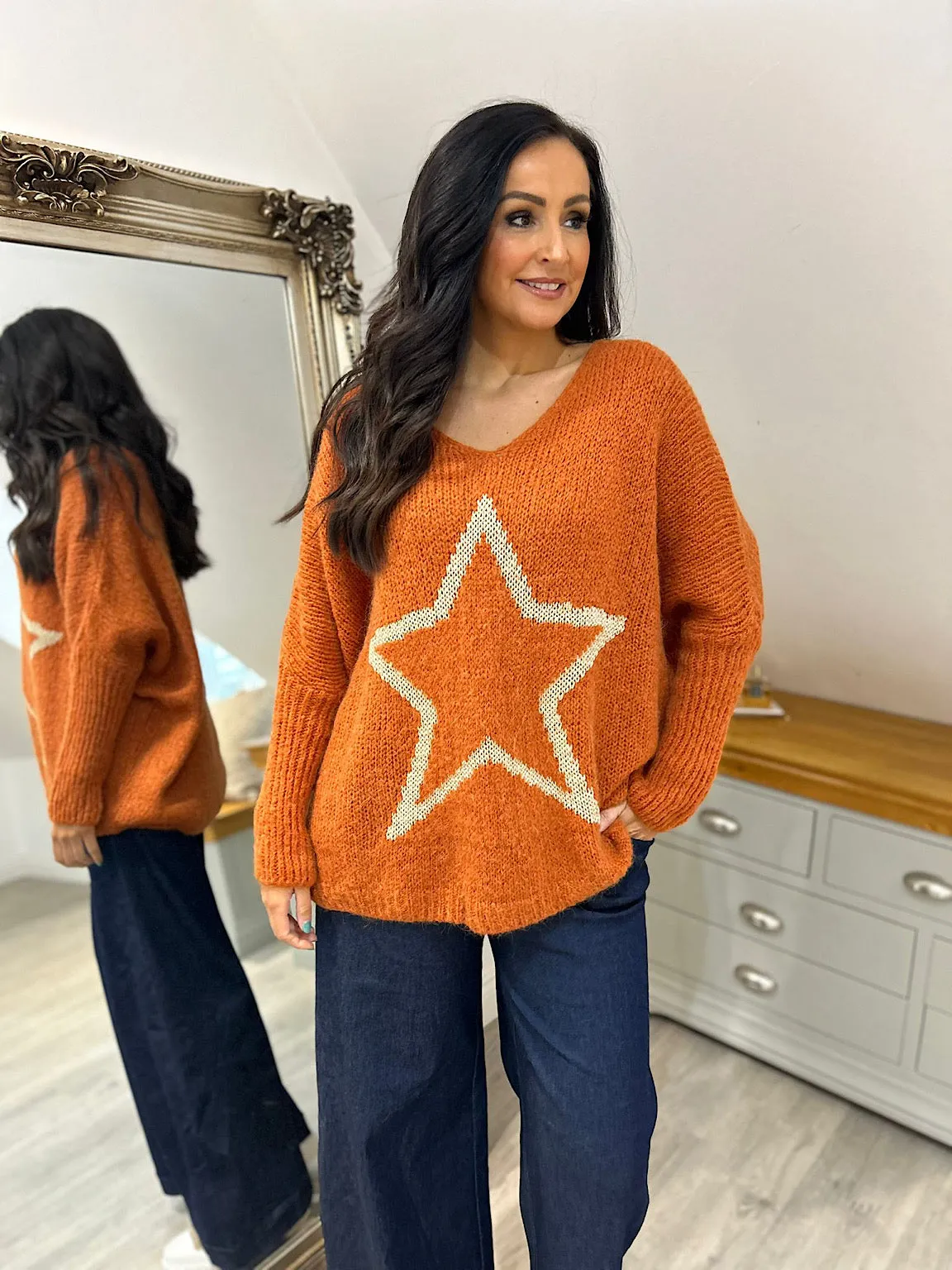 Rust V Neck Shimmer Star Knit Fiona