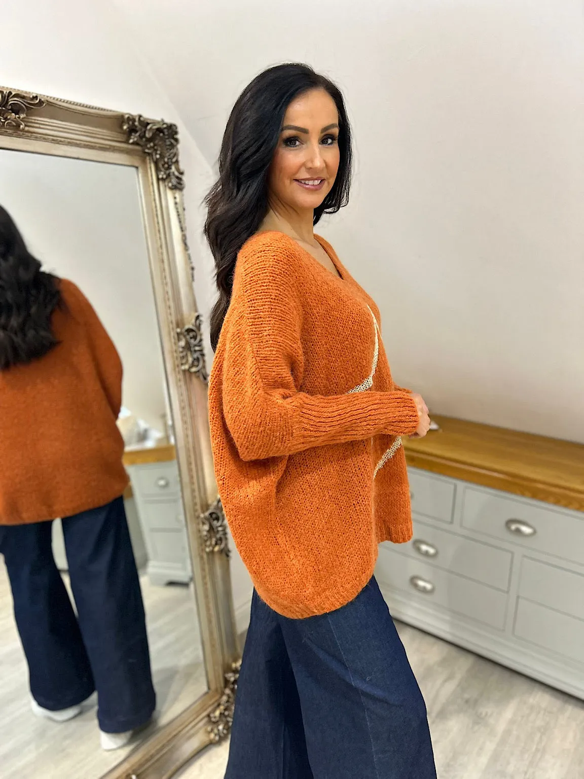 Rust V Neck Shimmer Star Knit Fiona