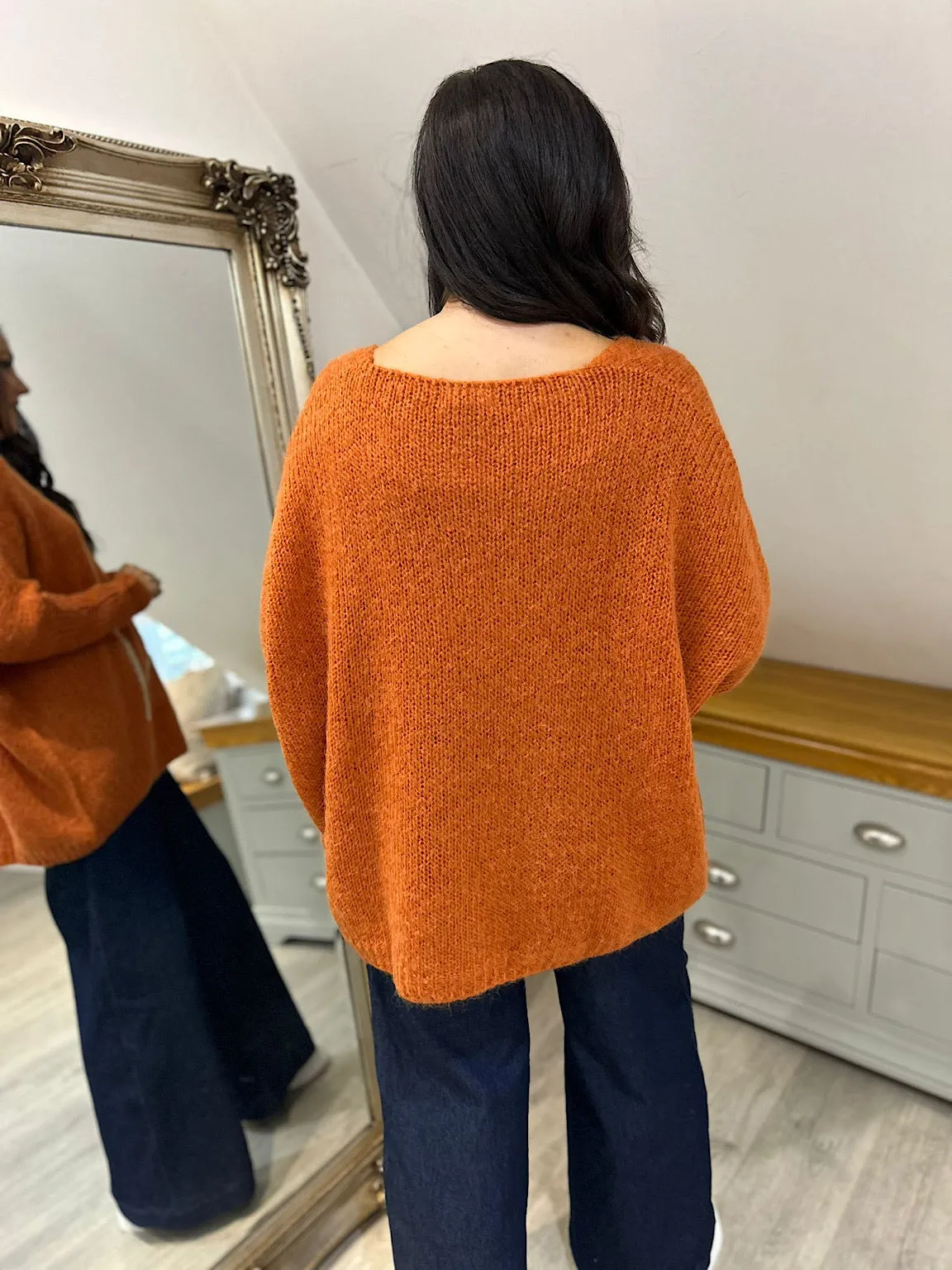 Rust V Neck Shimmer Star Knit Fiona