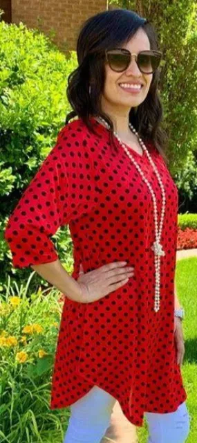 S / M /2X: Red & Black Polka Dot Scoop Tunic