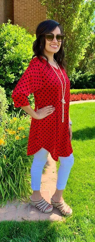 S / M /2X: Red & Black Polka Dot Scoop Tunic