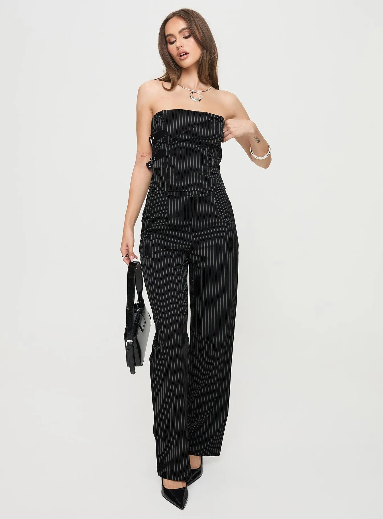 Sash Strapless Top Black Pinstripe