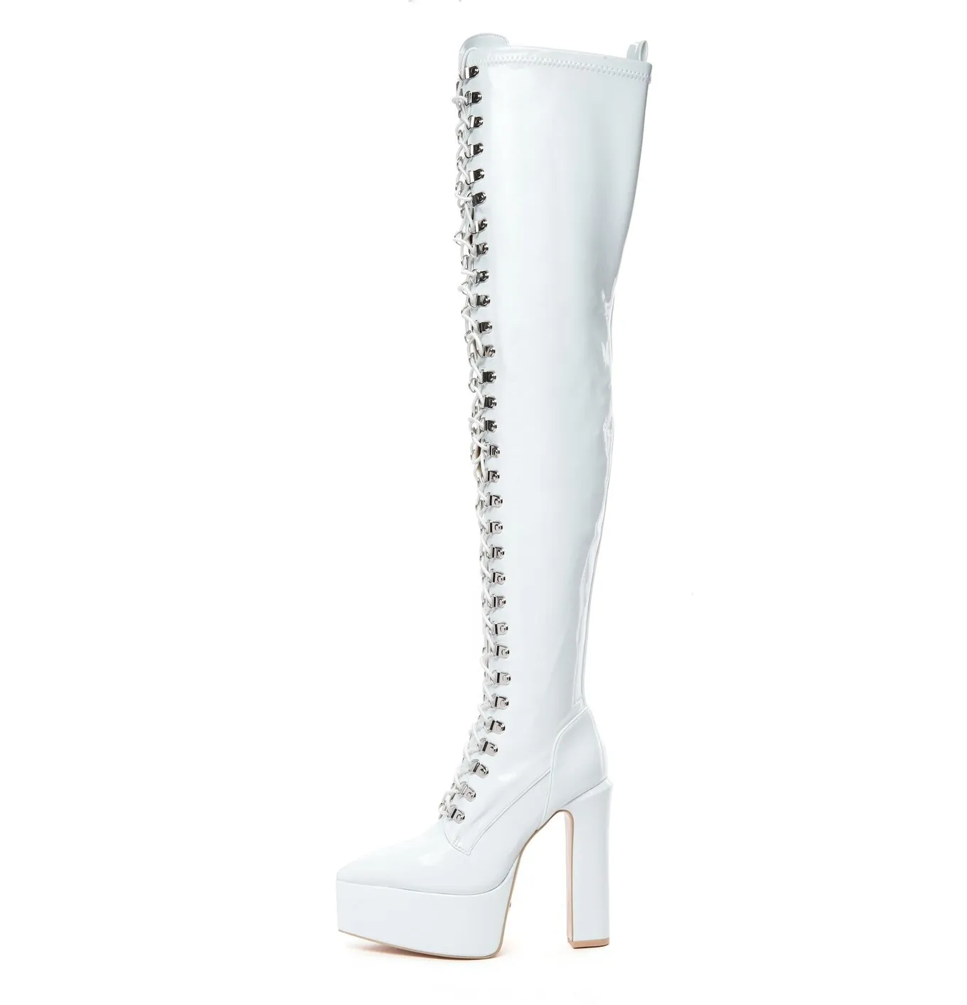 SECRETZ | WHITE SHINY | LACED THIGH BOOTS 