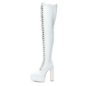 SECRETZ | WHITE SHINY | LACED THIGH BOOTS 