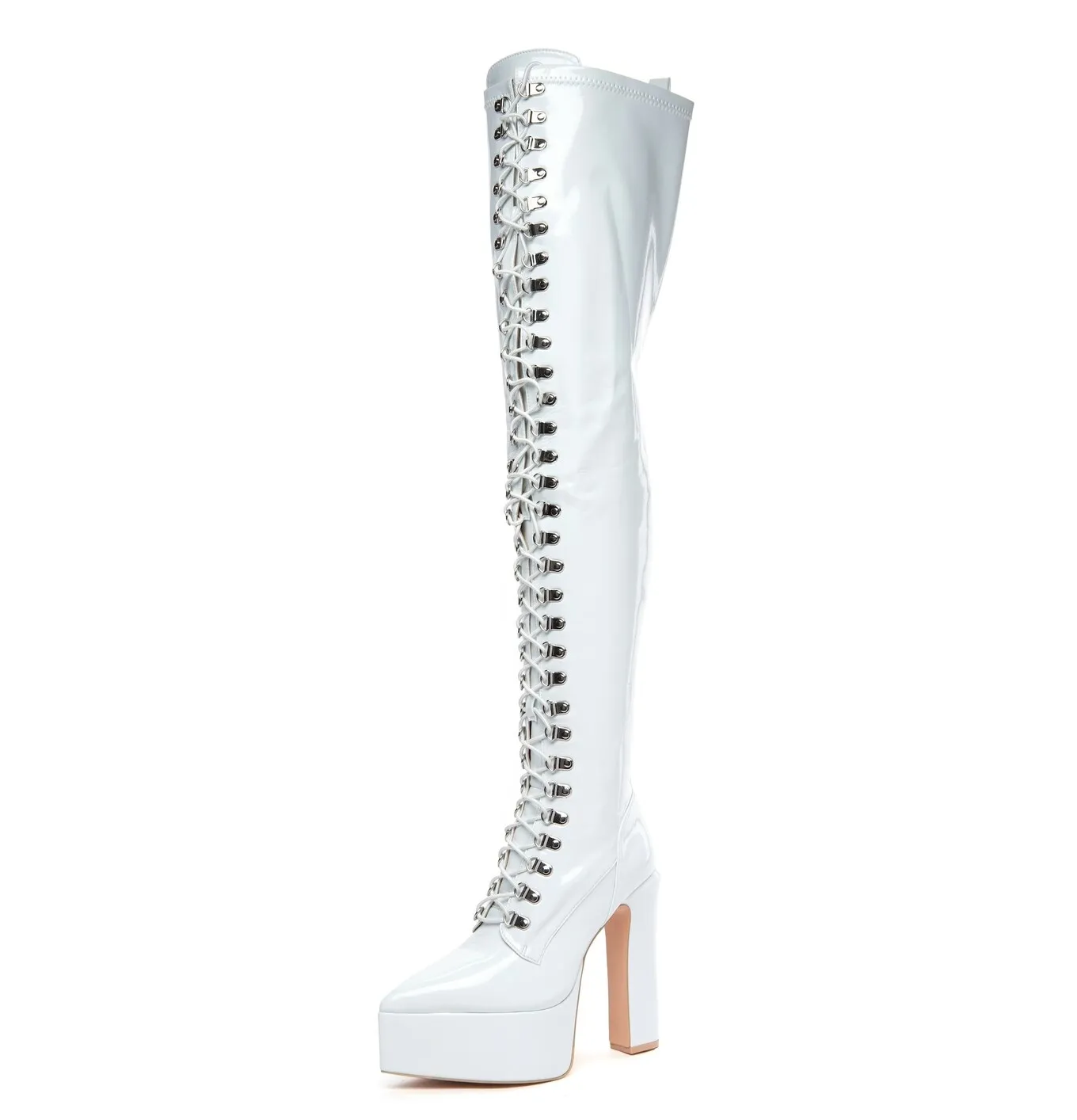 SECRETZ | WHITE SHINY | LACED THIGH BOOTS 