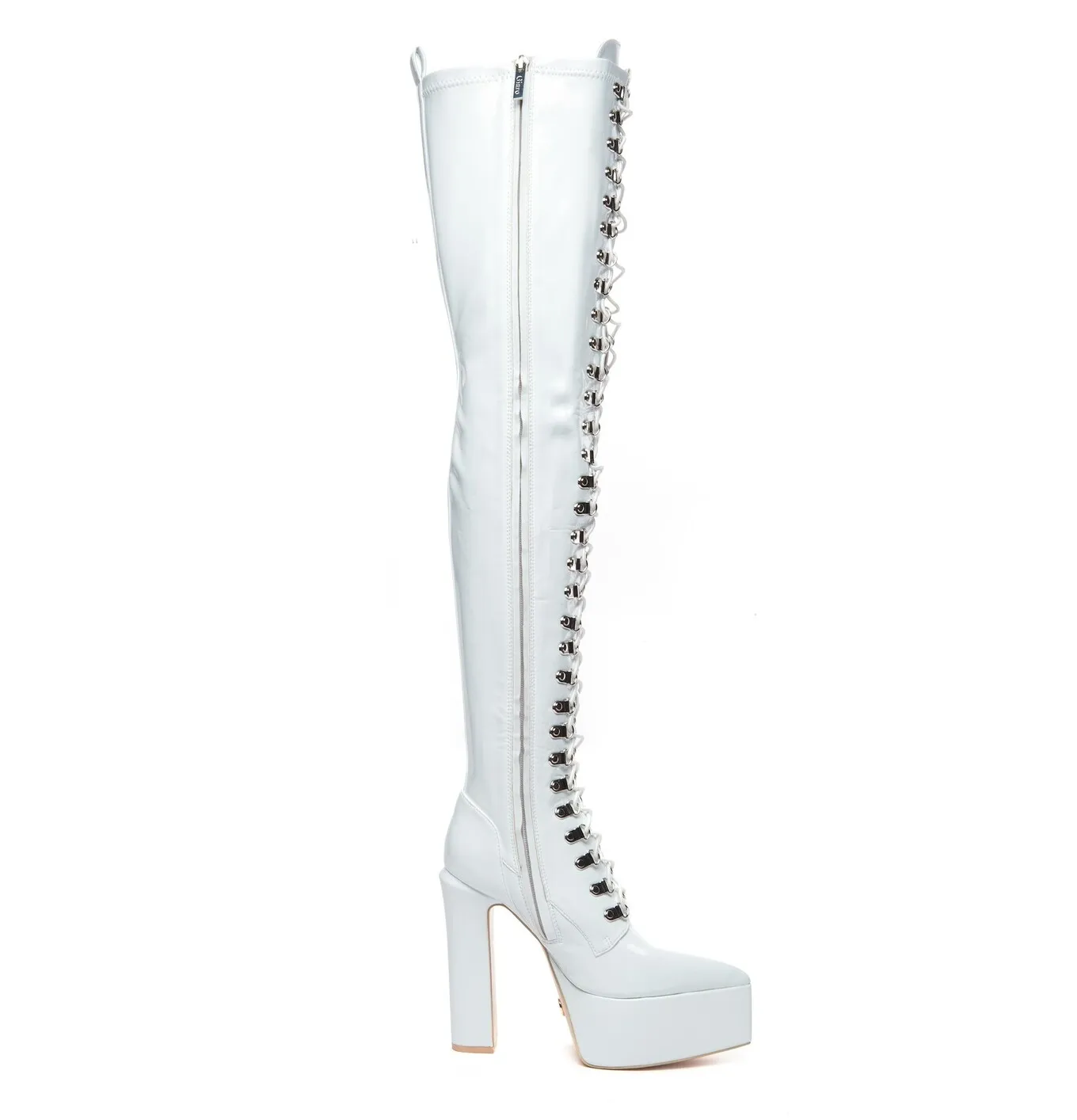 SECRETZ | WHITE SHINY | LACED THIGH BOOTS 