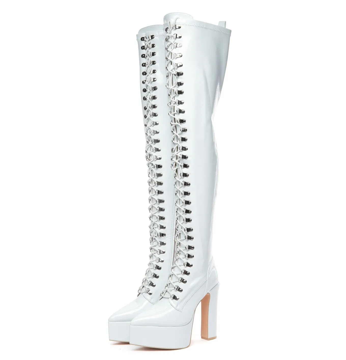 SECRETZ | WHITE SHINY | LACED THIGH BOOTS 