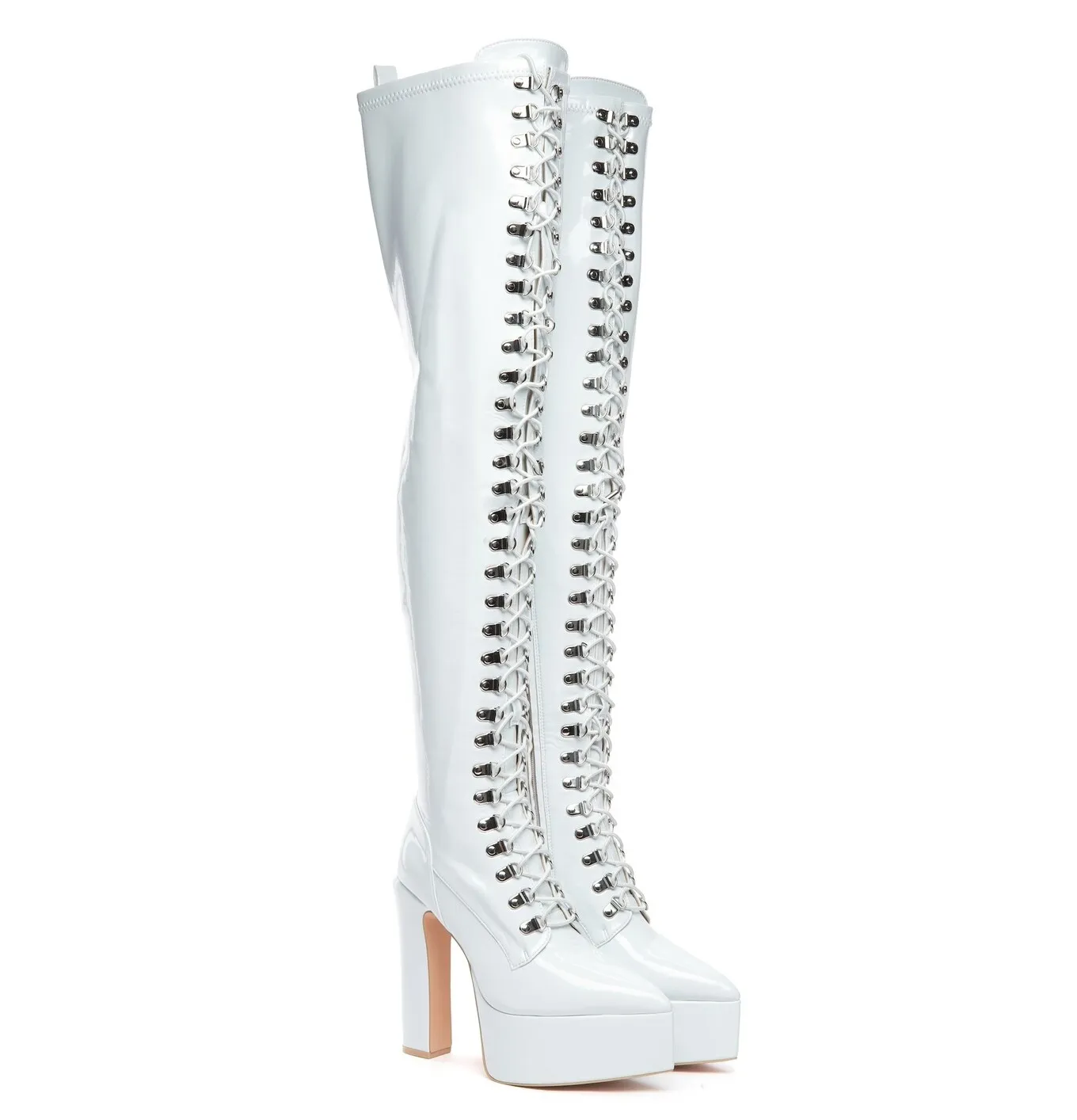 SECRETZ | WHITE SHINY | LACED THIGH BOOTS 