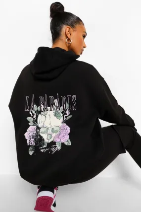 Skull And Rose Back Print Oversized Band Hoodie