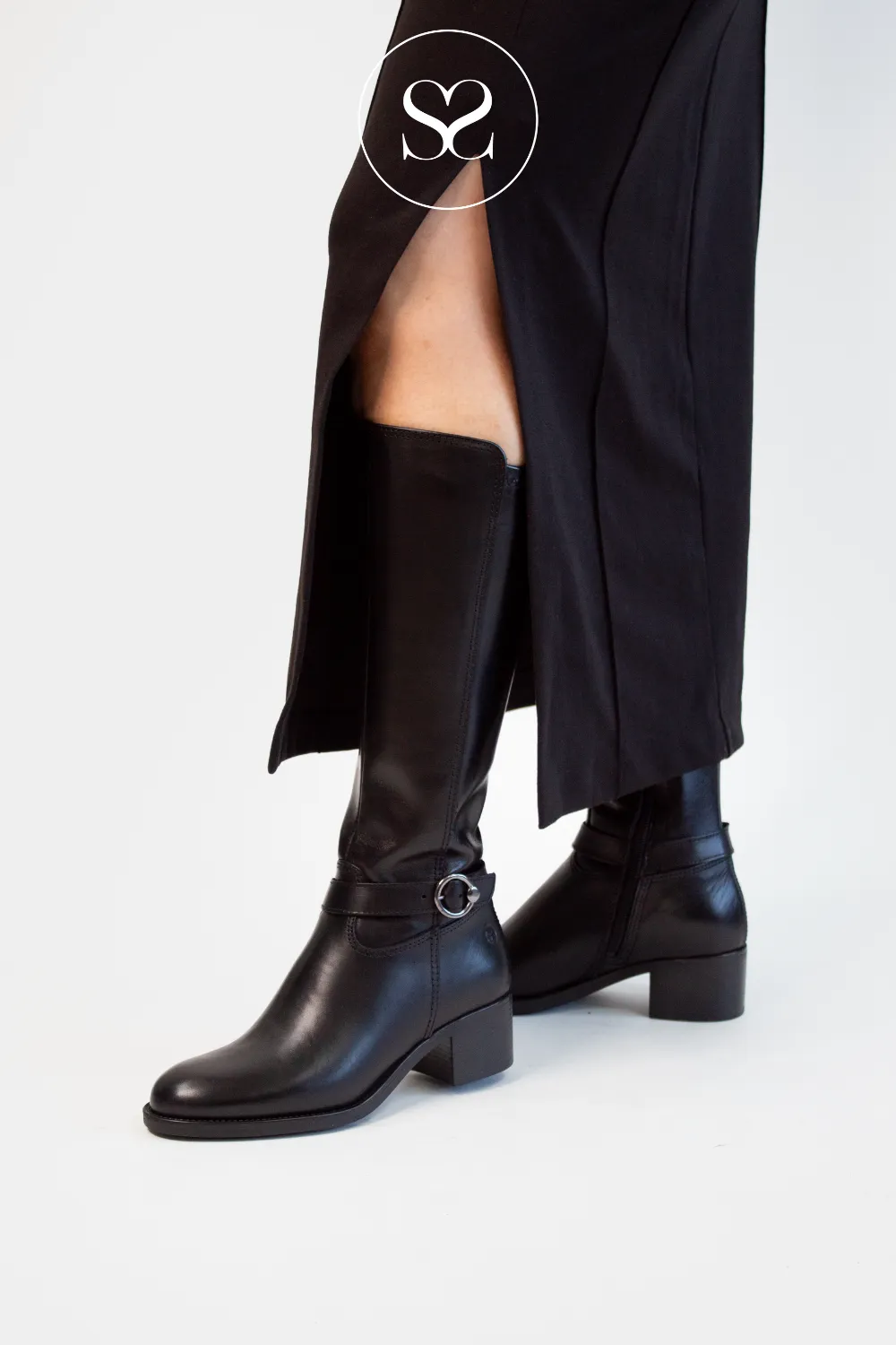 TAMARIS 1-25537-41 BLACK LEATHER BLOCK HEEL KNEE HIGH BOOTS