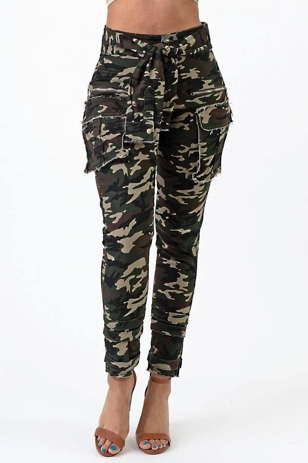 Tie Me Up Faux Jacket Waist Tie Ankle Strap Camo Pants