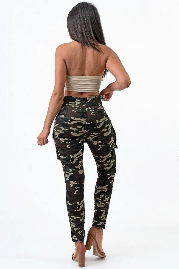 Tie Me Up Faux Jacket Waist Tie Ankle Strap Camo Pants