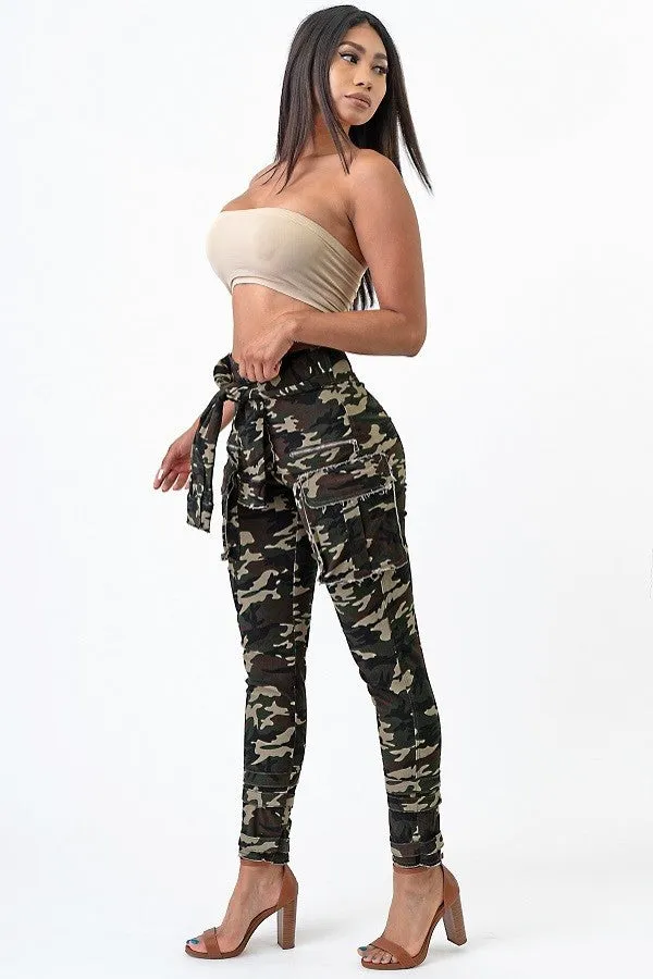 Tie Me Up Faux Jacket Waist Tie Ankle Strap Camo Pants