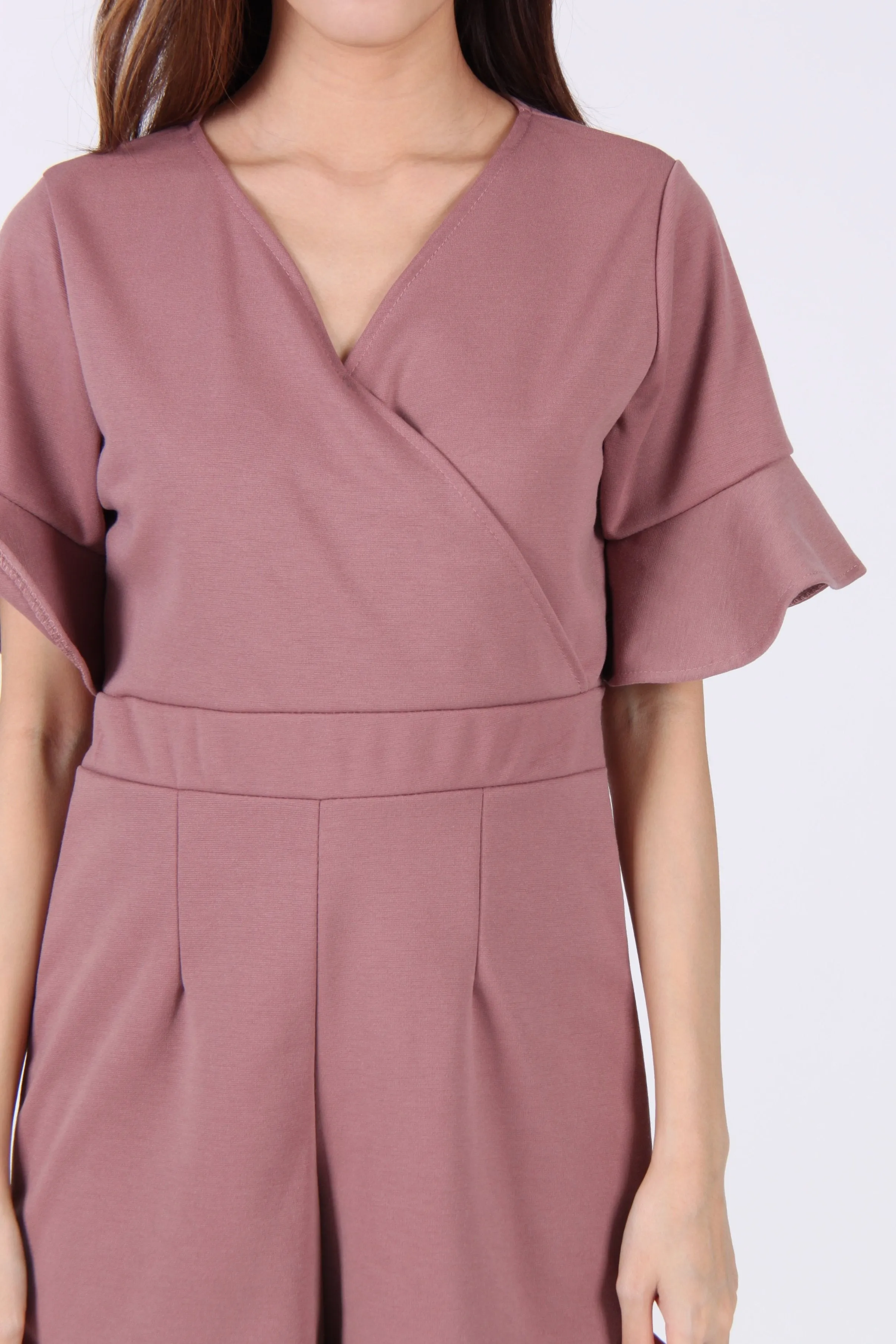 Trumpet Sleeves Wrap Romper in Dessert Taupe