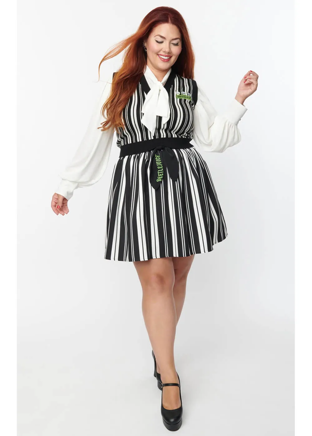 Unique Vintage x Beetlejuice Striped Swing Skirt Black White