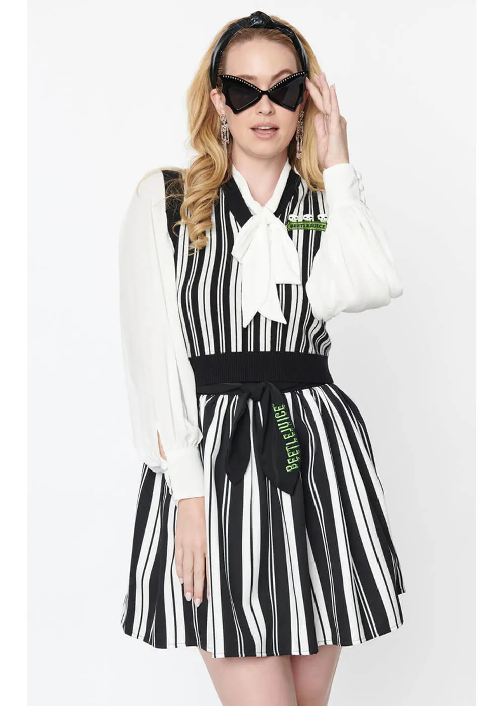 Unique Vintage x Beetlejuice Striped Swing Skirt Black White