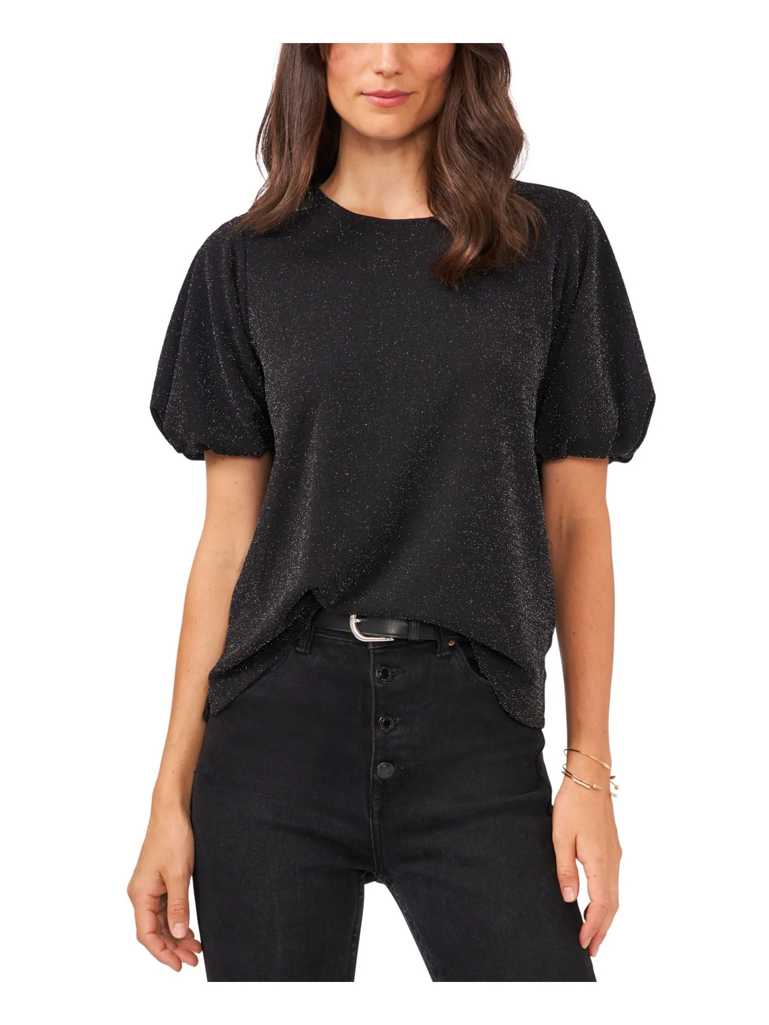 VINCE CAMUTO Womens Black Metallic Keyhole Lined Vented Sides Pouf Sleeve Crew Neck Cocktail Top