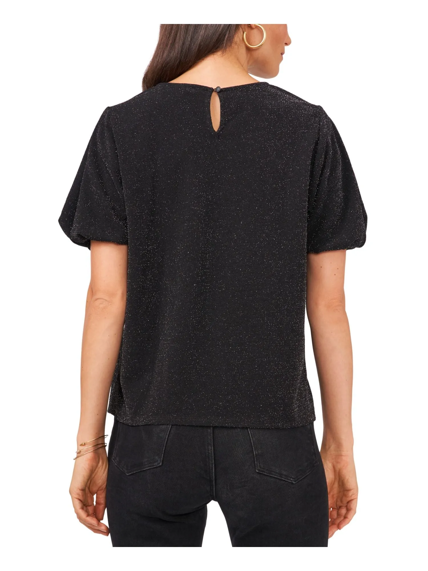 VINCE CAMUTO Womens Black Metallic Keyhole Lined Vented Sides Pouf Sleeve Crew Neck Cocktail Top