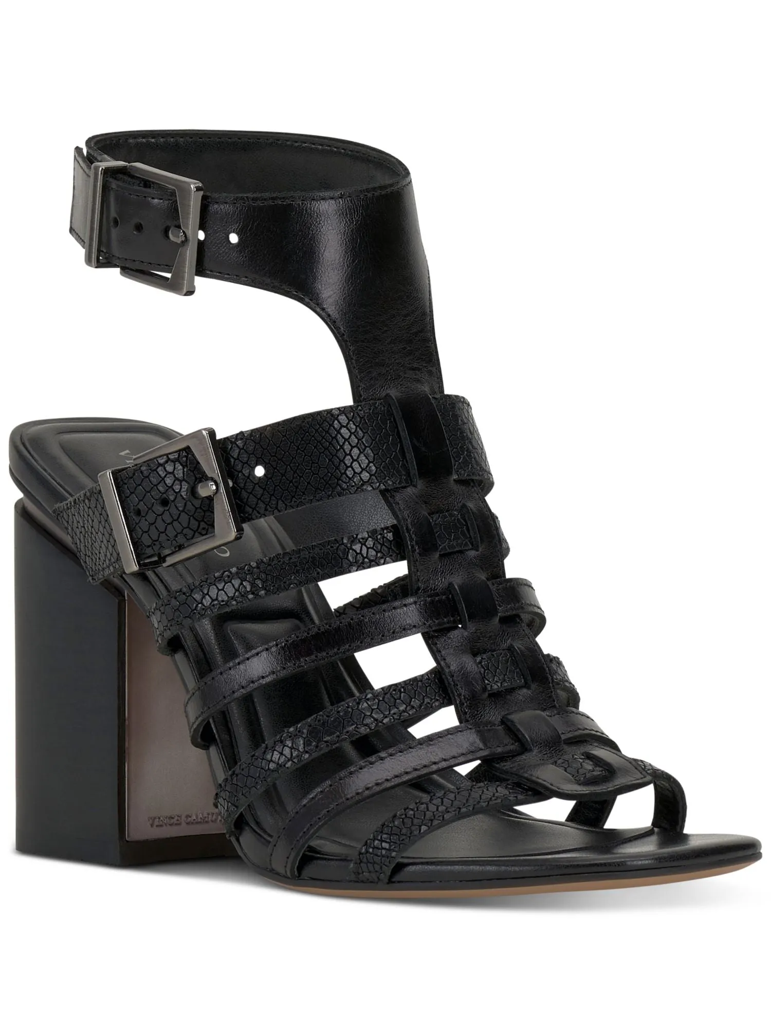 VINCE CAMUTO Womens Black Mixed Media City Style Ankle Strap Padded Hicheny Fisherman Open Toe Block Heel Buckle Leather Heeled 