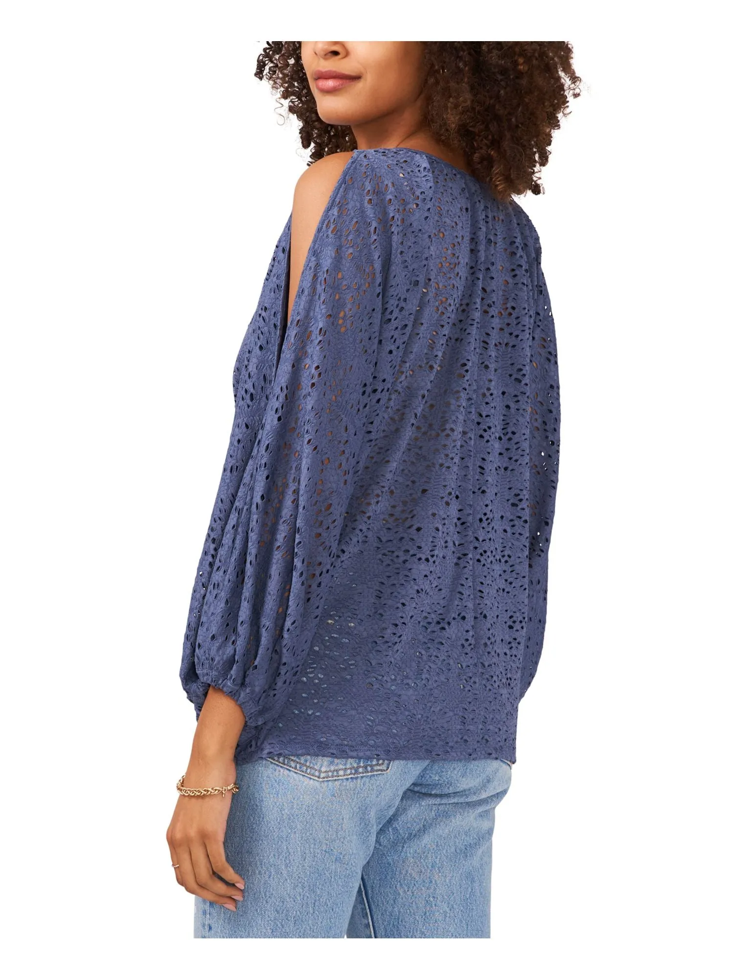 VINCE CAMUTO Womens Blue Tie Cold Shoulder Pullover Semi-sheer Unlined 3/4 Sleeve V Neck Top