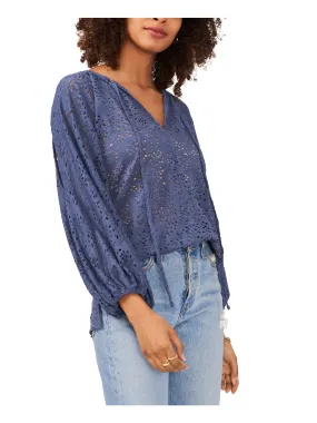 VINCE CAMUTO Womens Blue Tie Cold Shoulder Pullover Semi-sheer Unlined 3/4 Sleeve V Neck Top