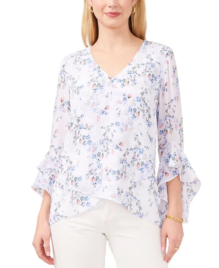 Vince Camuto Women's Floral Print 3/4 Sleeve V Neck Blouse White