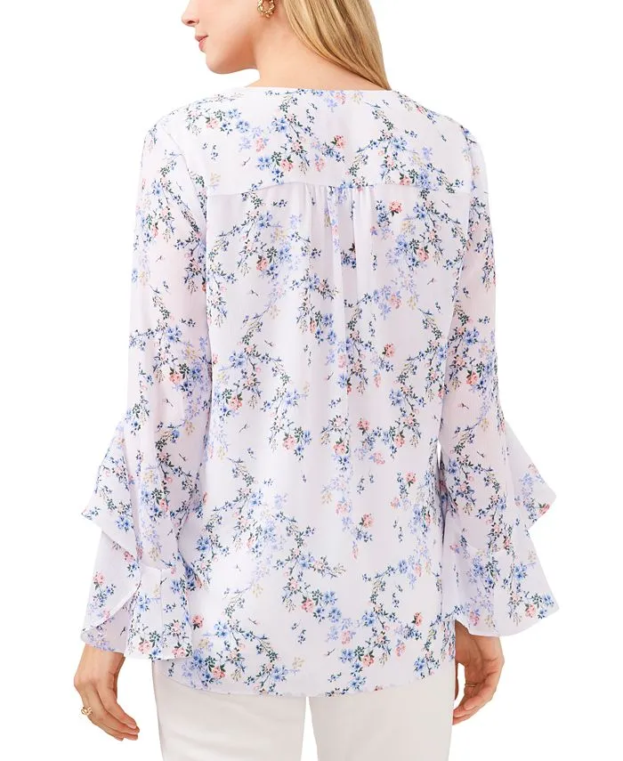 Vince Camuto Women's Floral Print 3/4 Sleeve V Neck Blouse White