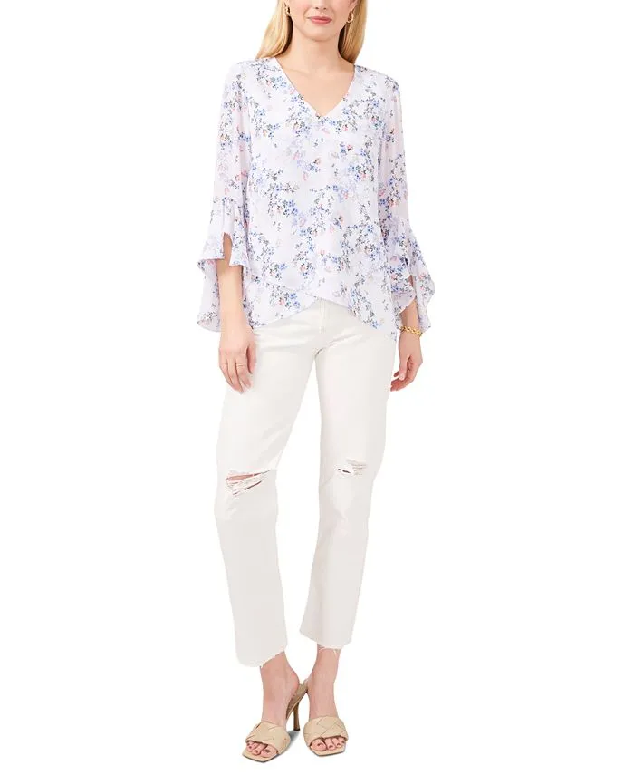 Vince Camuto Women's Floral Print 3/4 Sleeve V Neck Blouse White